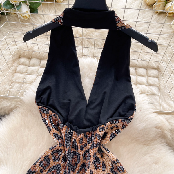Deep V-neck Sequined Leopard Printed Dress