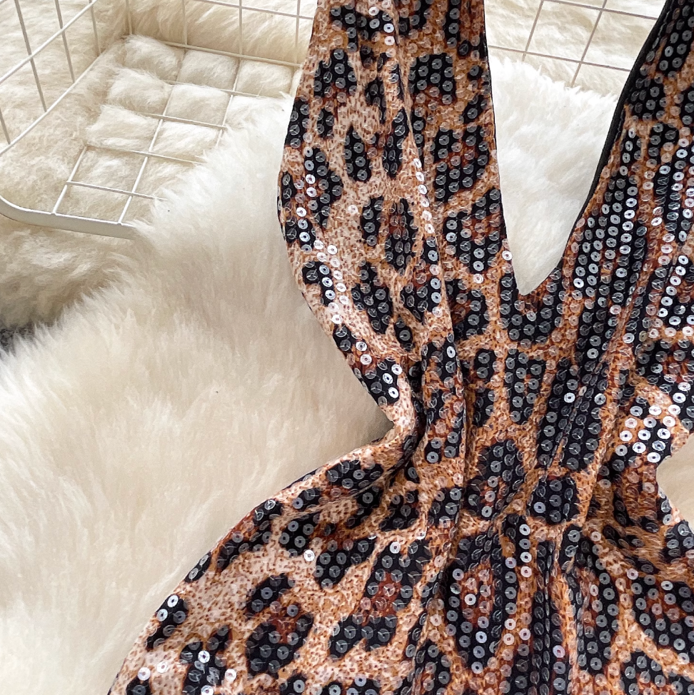 Deep V-neck Sequined Leopard Printed Dress