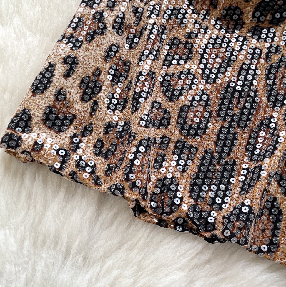 Deep V-neck Sequined Leopard Printed Dress