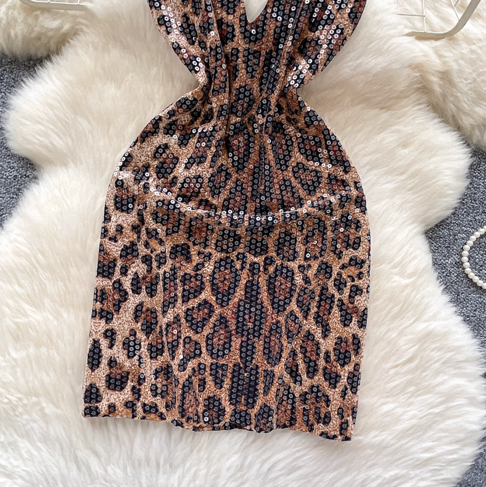 Deep V-neck Sequined Leopard Printed Dress
