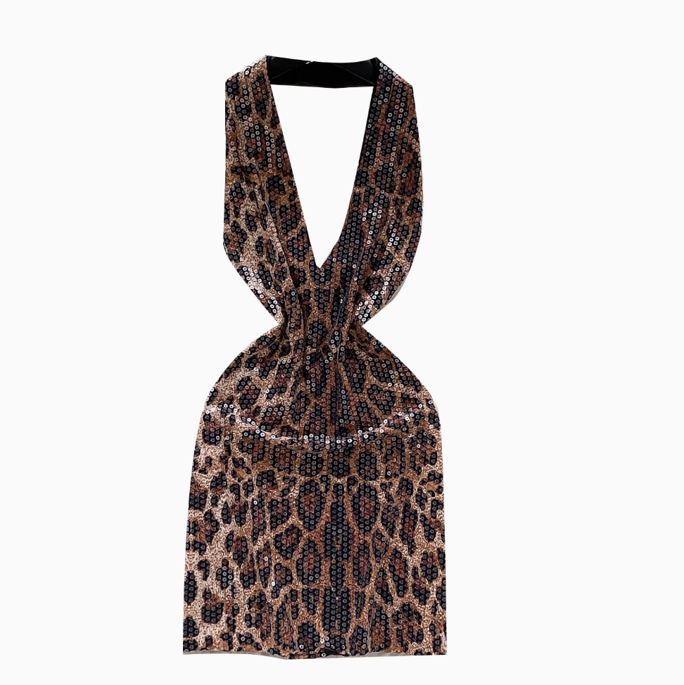 Deep V-neck Sequined Leopard Printed Dress