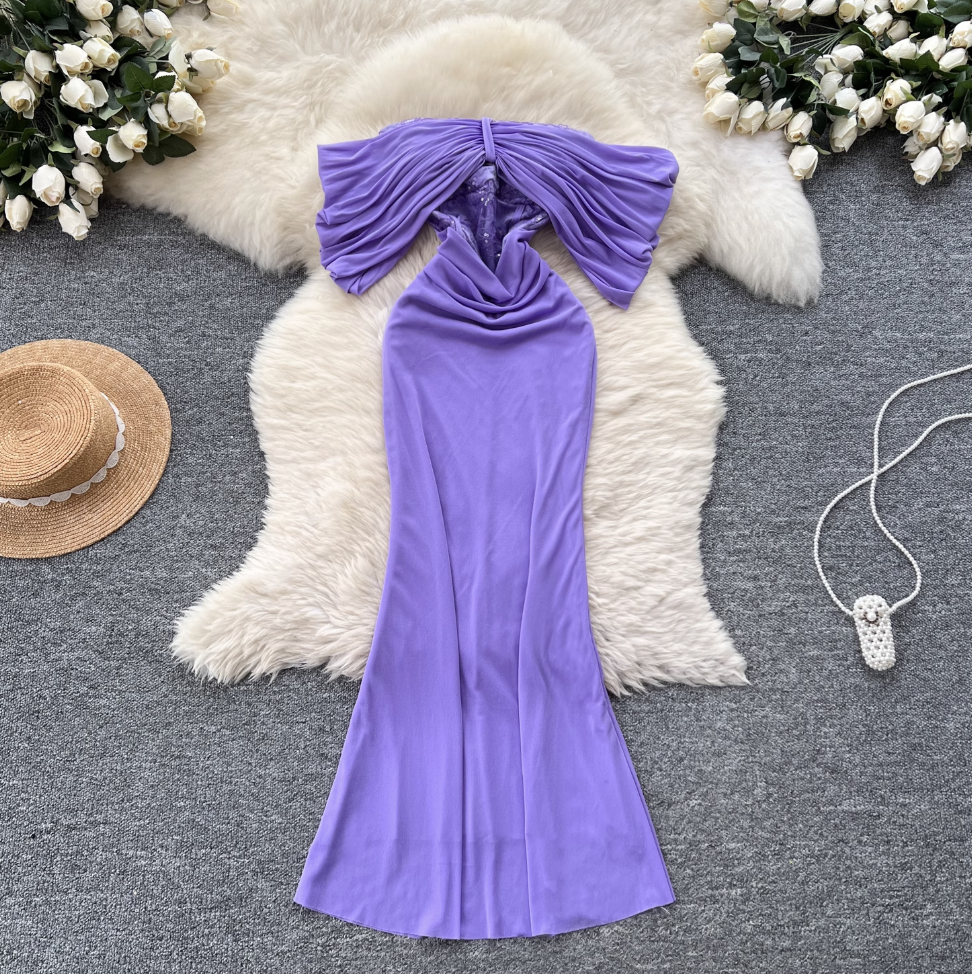 Off-shoulder Pleated Purple Fishtail Dress