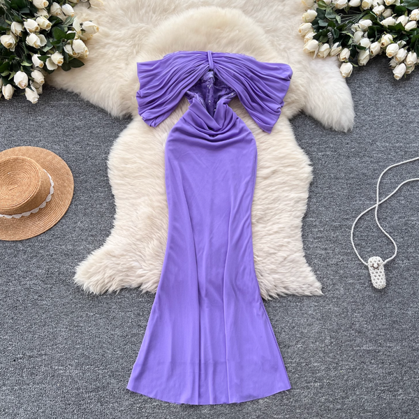 Off-shoulder Pleated Purple Fishtail Dress