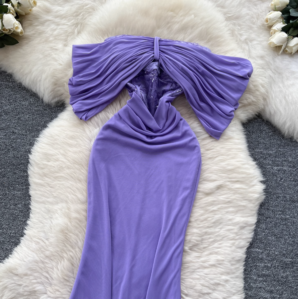 Off-shoulder Pleated Purple Fishtail Dress