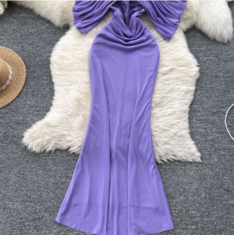 Off-shoulder Pleated Purple Fishtail Dress