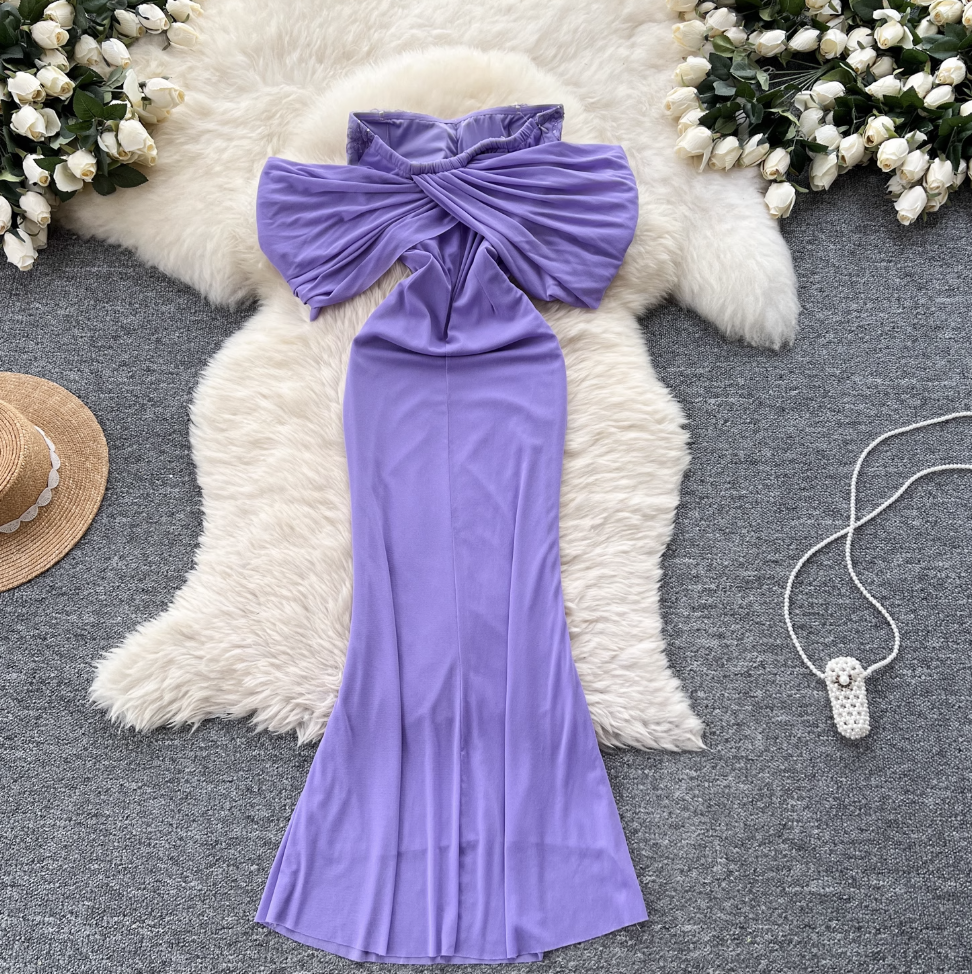 Off-shoulder Pleated Purple Fishtail Dress