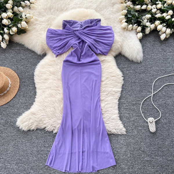 Off-shoulder Pleated Purple Fishtail Dress