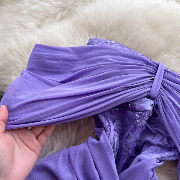 Off-shoulder Pleated Purple Fishtail Dress