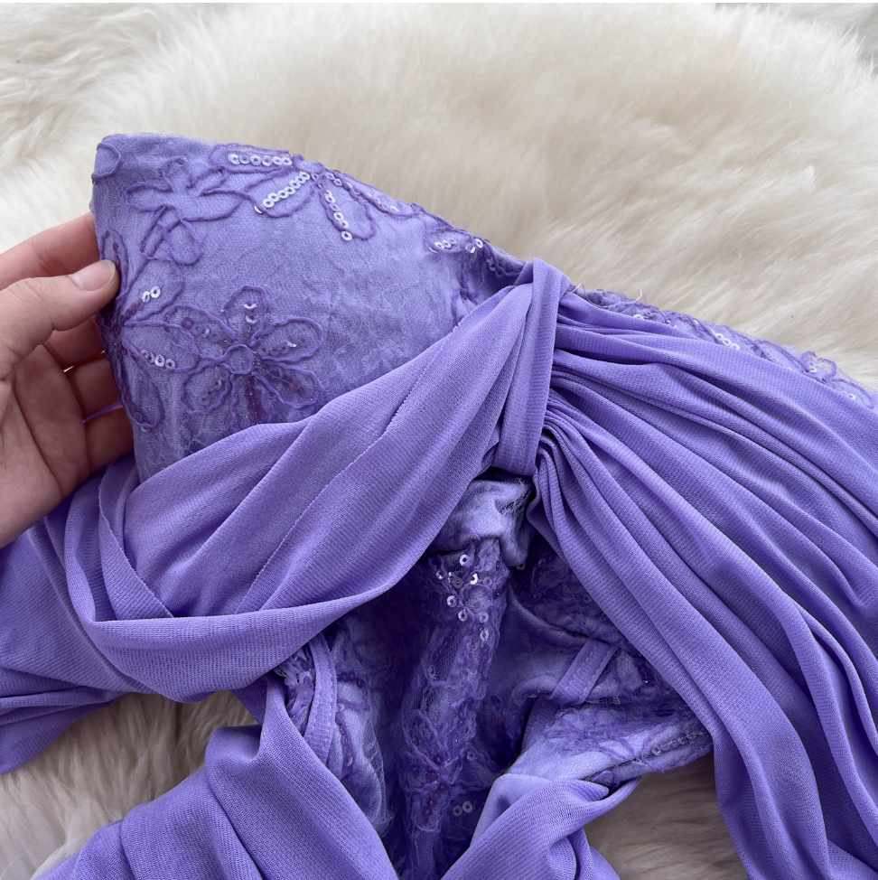 Off-shoulder Pleated Purple Fishtail Dress