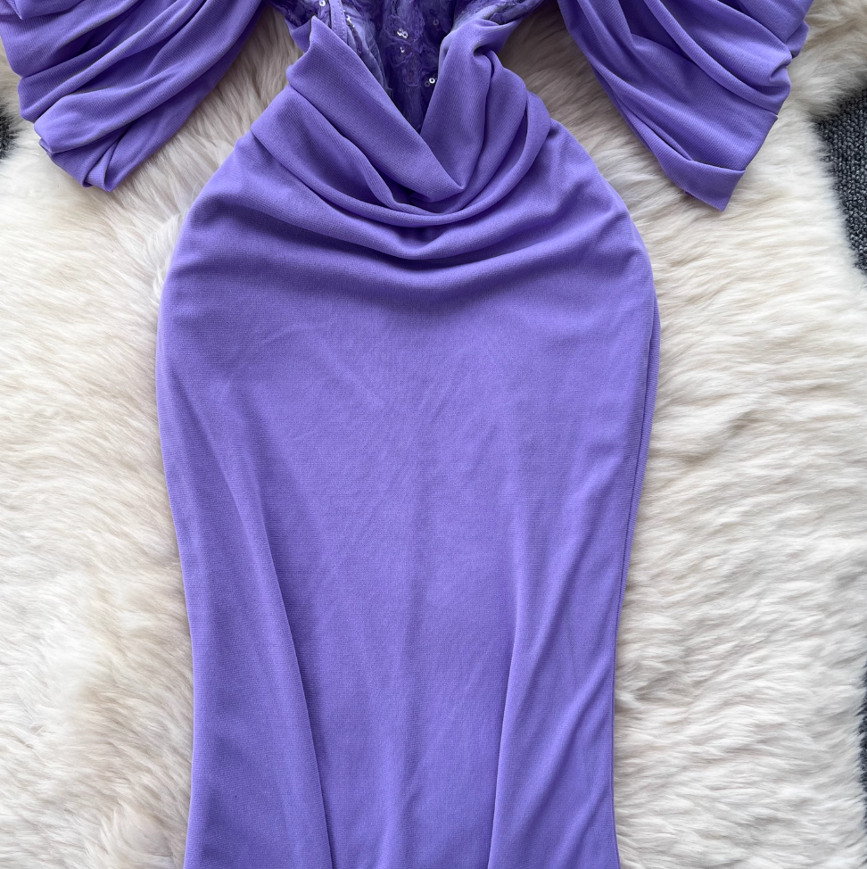 Off-shoulder Pleated Purple Fishtail Dress