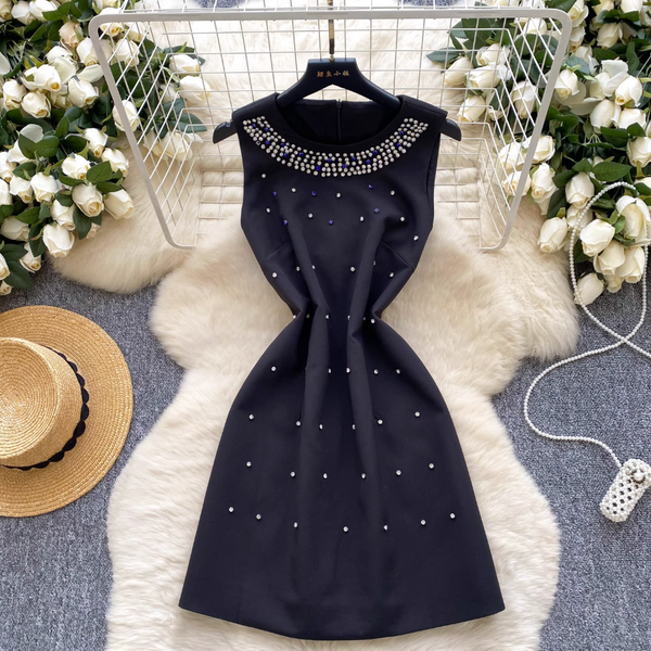 Rhinestone Beaded Sleeveless A-line Dress
