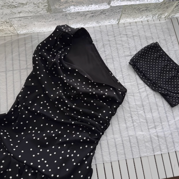 White Polka Dot Pleated Black Dress