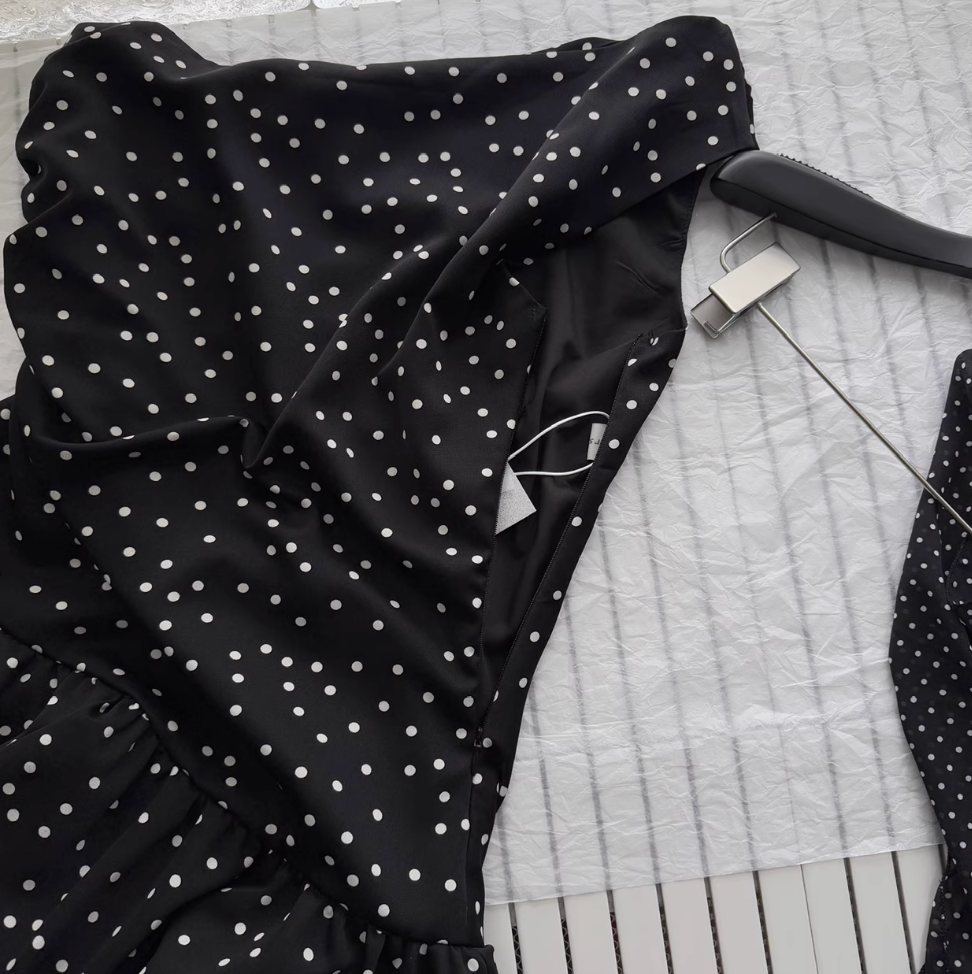 White Polka Dot Pleated Black Dress