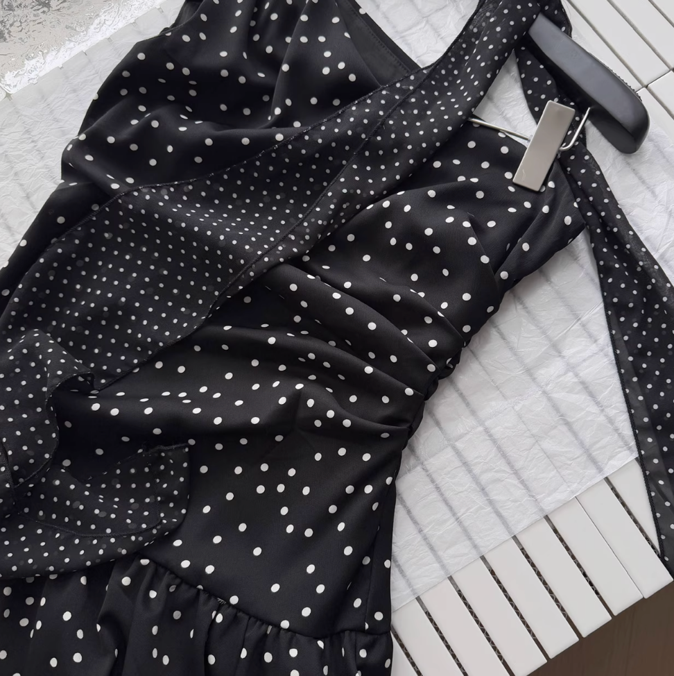 White Polka Dot Pleated Black Dress