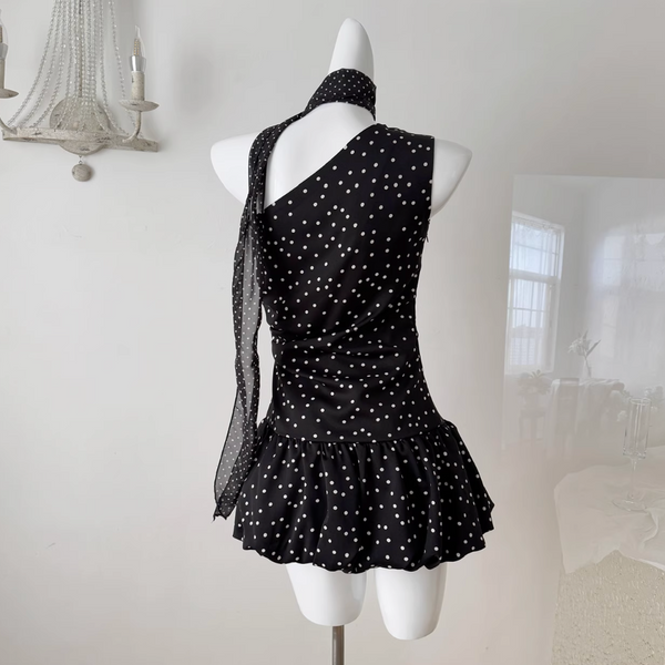 White Polka Dot Pleated Black Dress