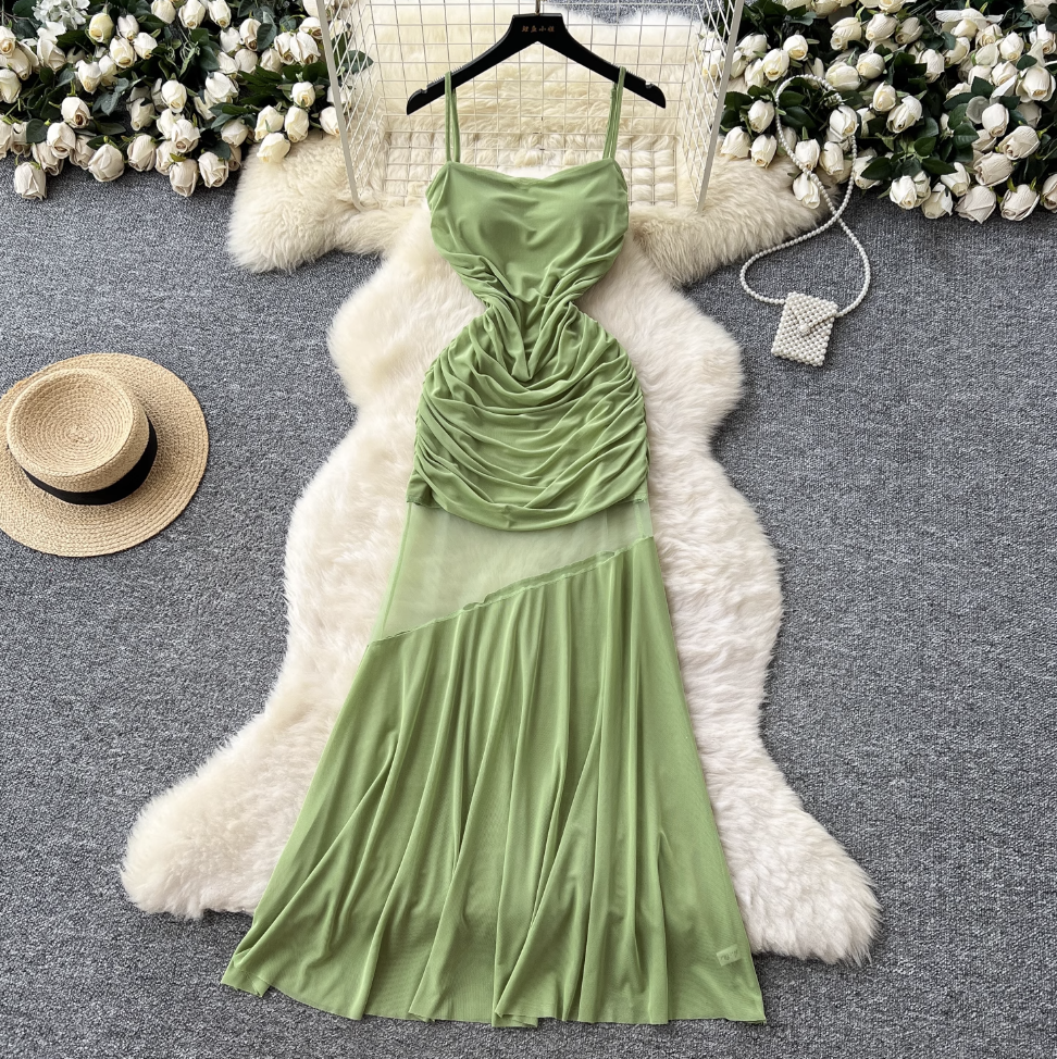 French Style Patchwork Pleated Slip Dress