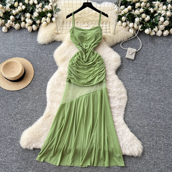 French Style Patchwork Pleated Slip Dress