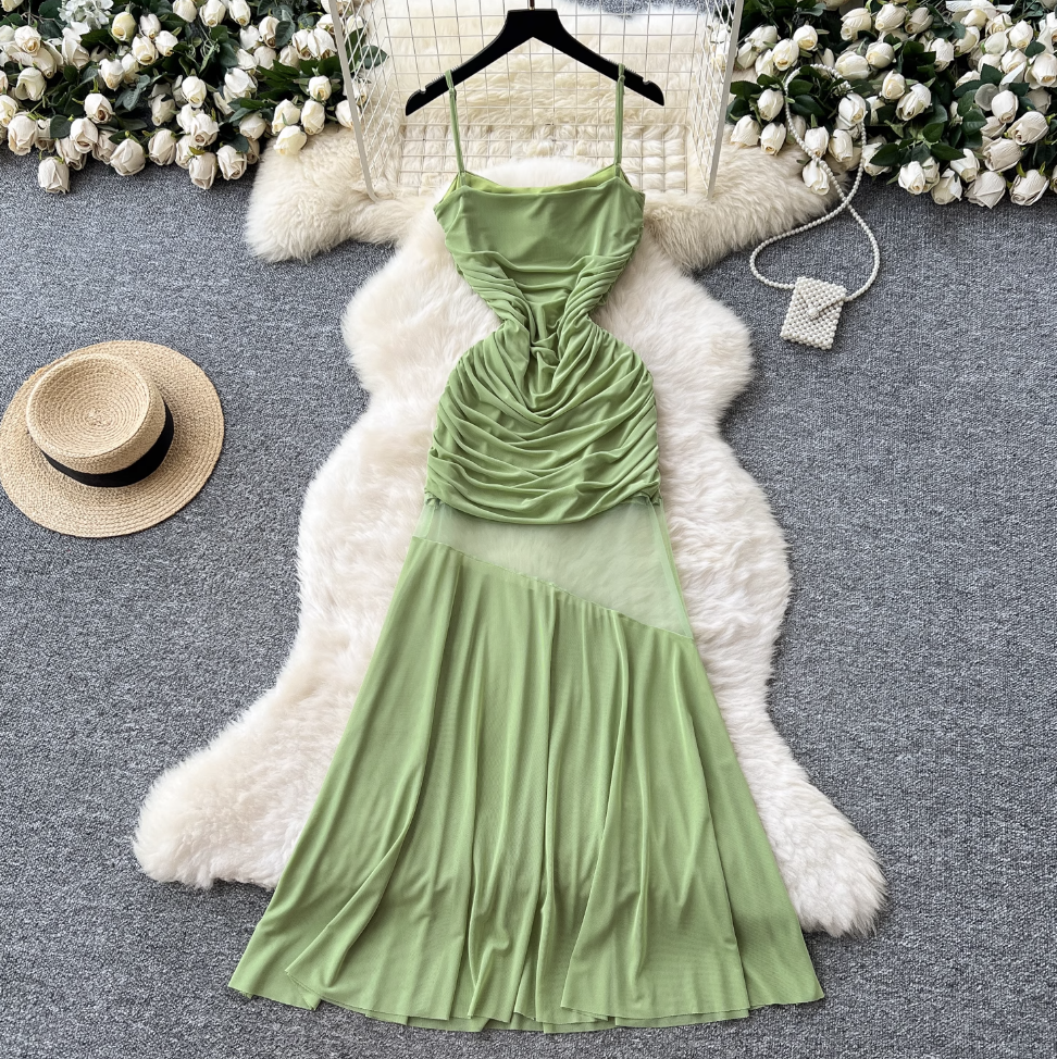 French Style Patchwork Pleated Slip Dress