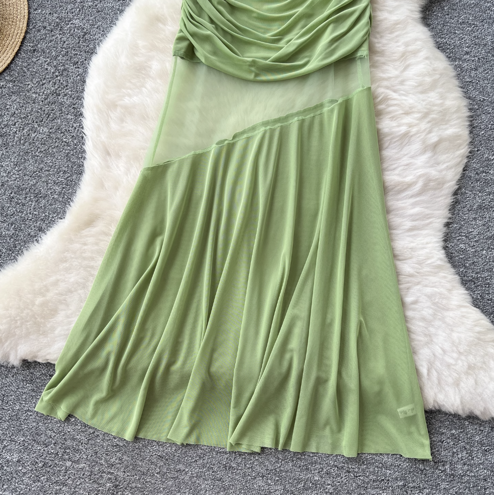 French Style Patchwork Pleated Slip Dress