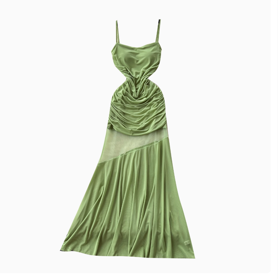 French Style Patchwork Pleated Slip Dress