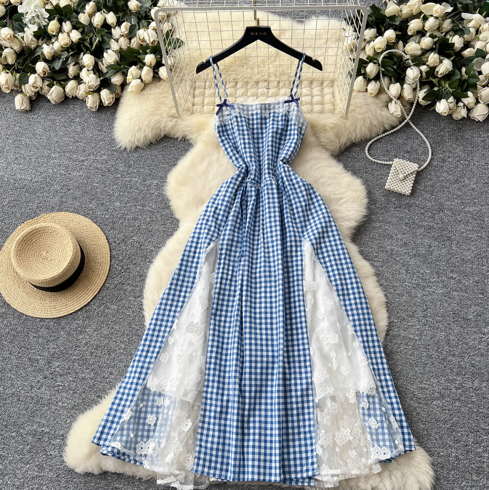 Vintage Lace-trim Blue Plaid Dress