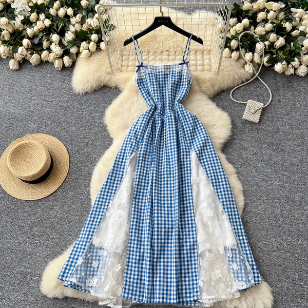Vintage Lace-trim Blue Plaid Dress