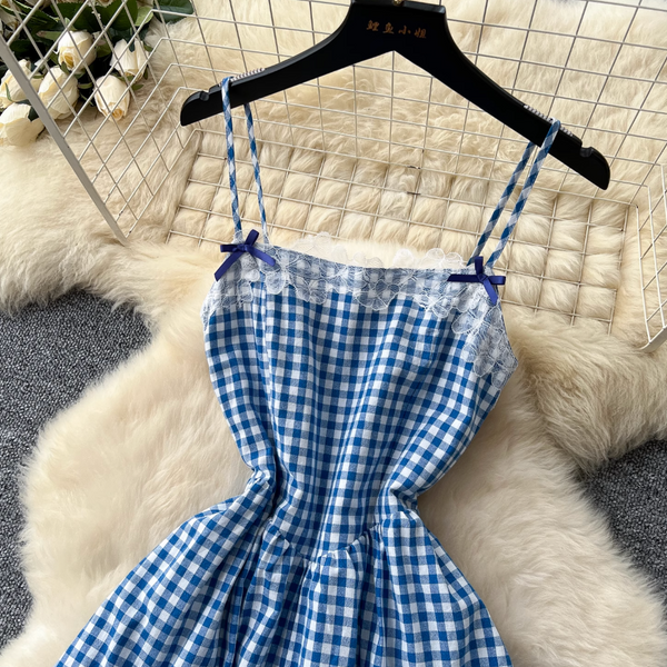Vintage Lace-trim Blue Plaid Dress
