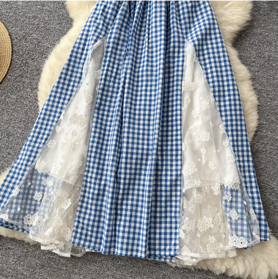 Vintage Lace-trim Blue Plaid Dress