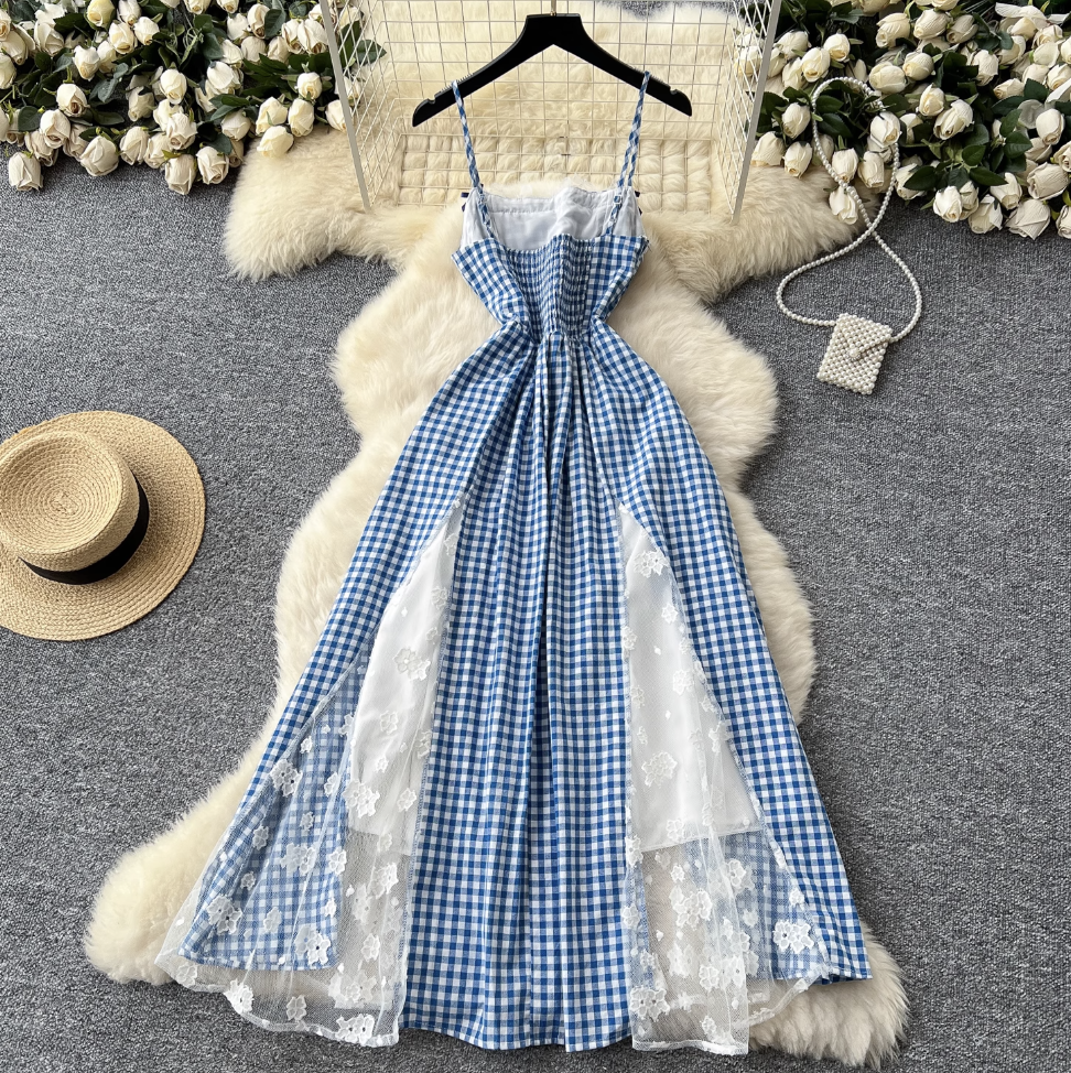Vintage Lace-trim Blue Plaid Dress