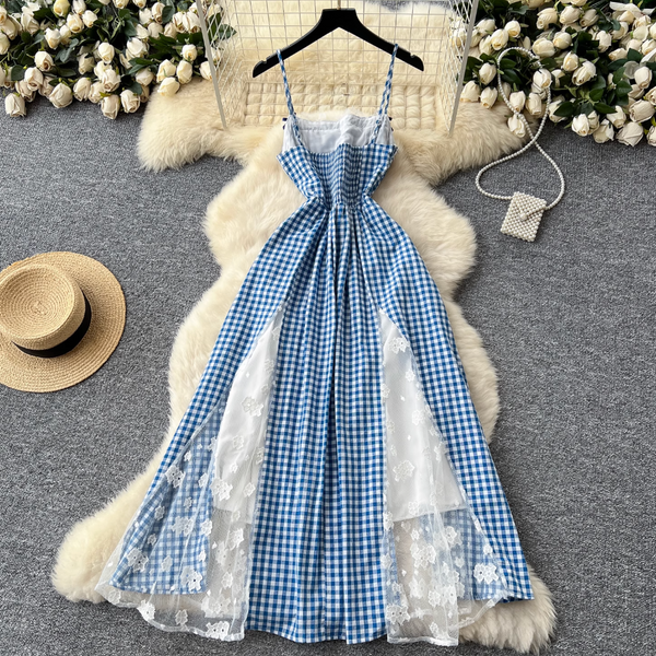 Vintage Lace-trim Blue Plaid Dress