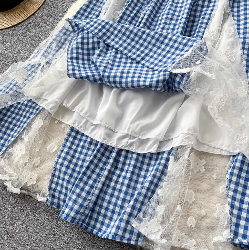 Vintage Lace-trim Blue Plaid Dress