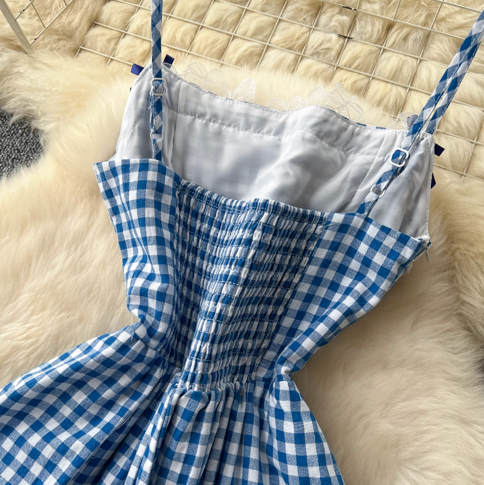 Vintage Lace-trim Blue Plaid Dress