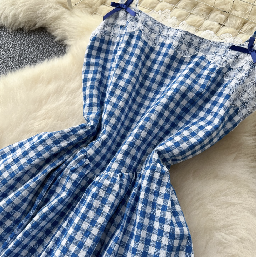 Vintage Lace-trim Blue Plaid Dress