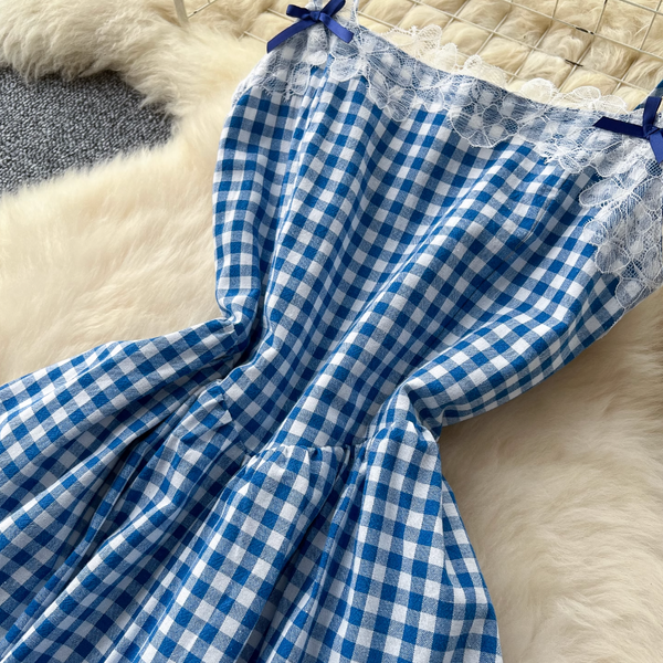 Vintage Lace-trim Blue Plaid Dress