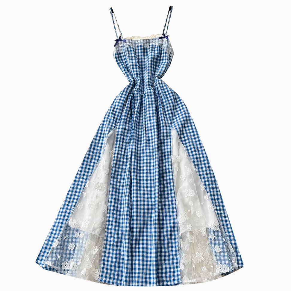Vintage Lace-trim Blue Plaid Dress
