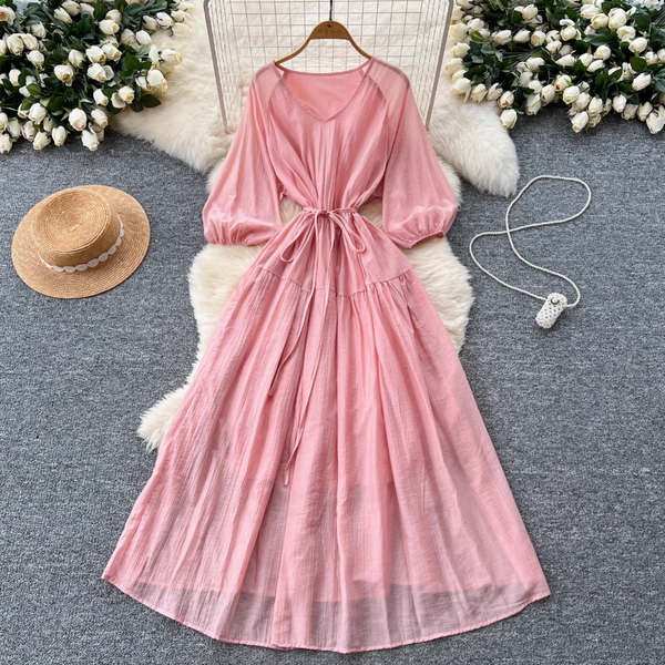Vintage Lace-up Flared Sleeve Dress