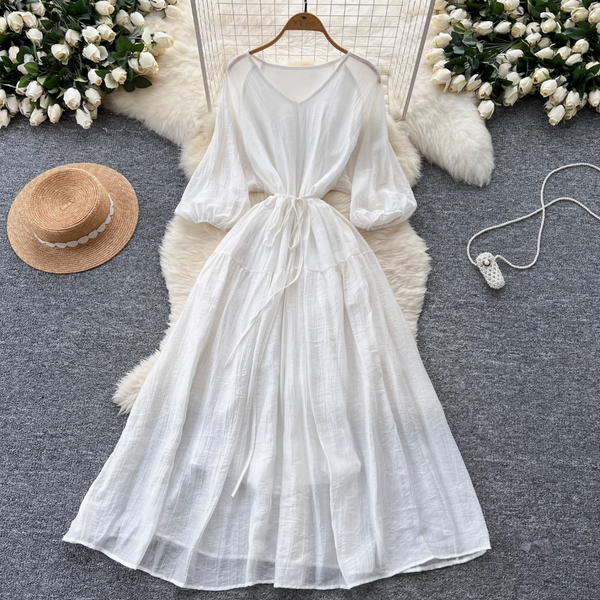 Vintage Lace-up Flared Sleeve Dress