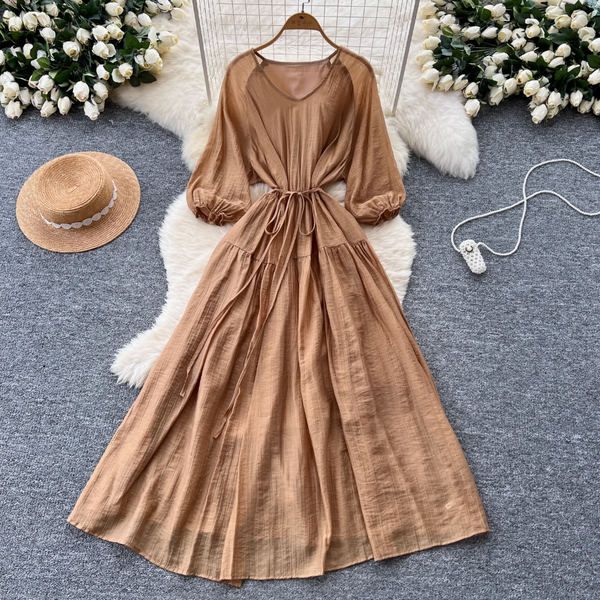 Vintage Lace-up Flared Sleeve Dress