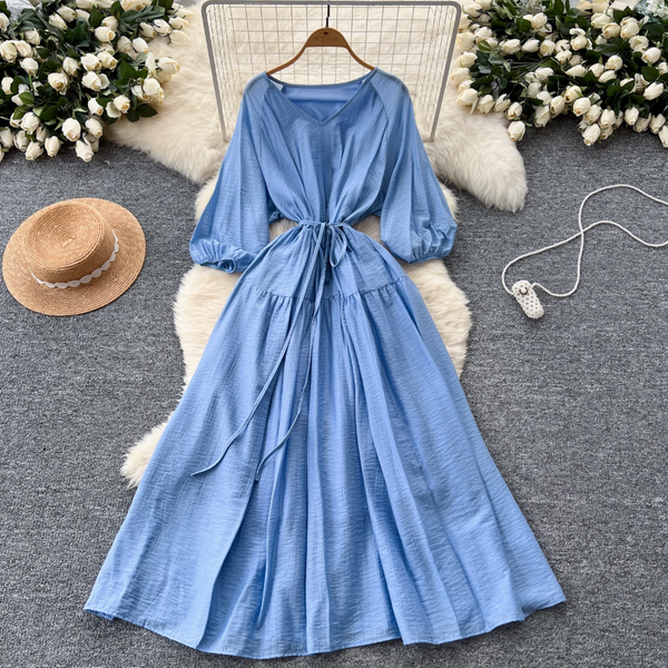 Vintage Lace-up Flared Sleeve Dress