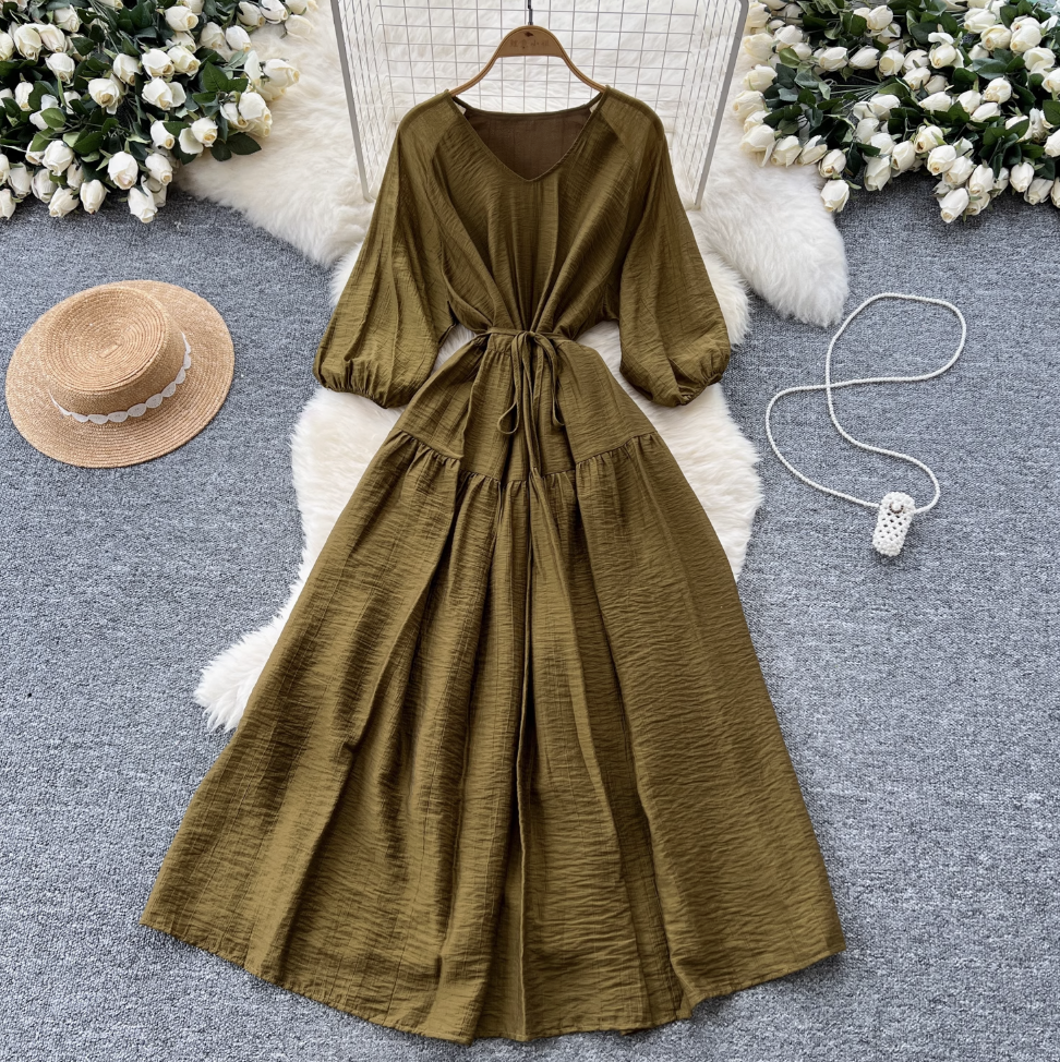 Vintage Lace-up Flared Sleeve Dress