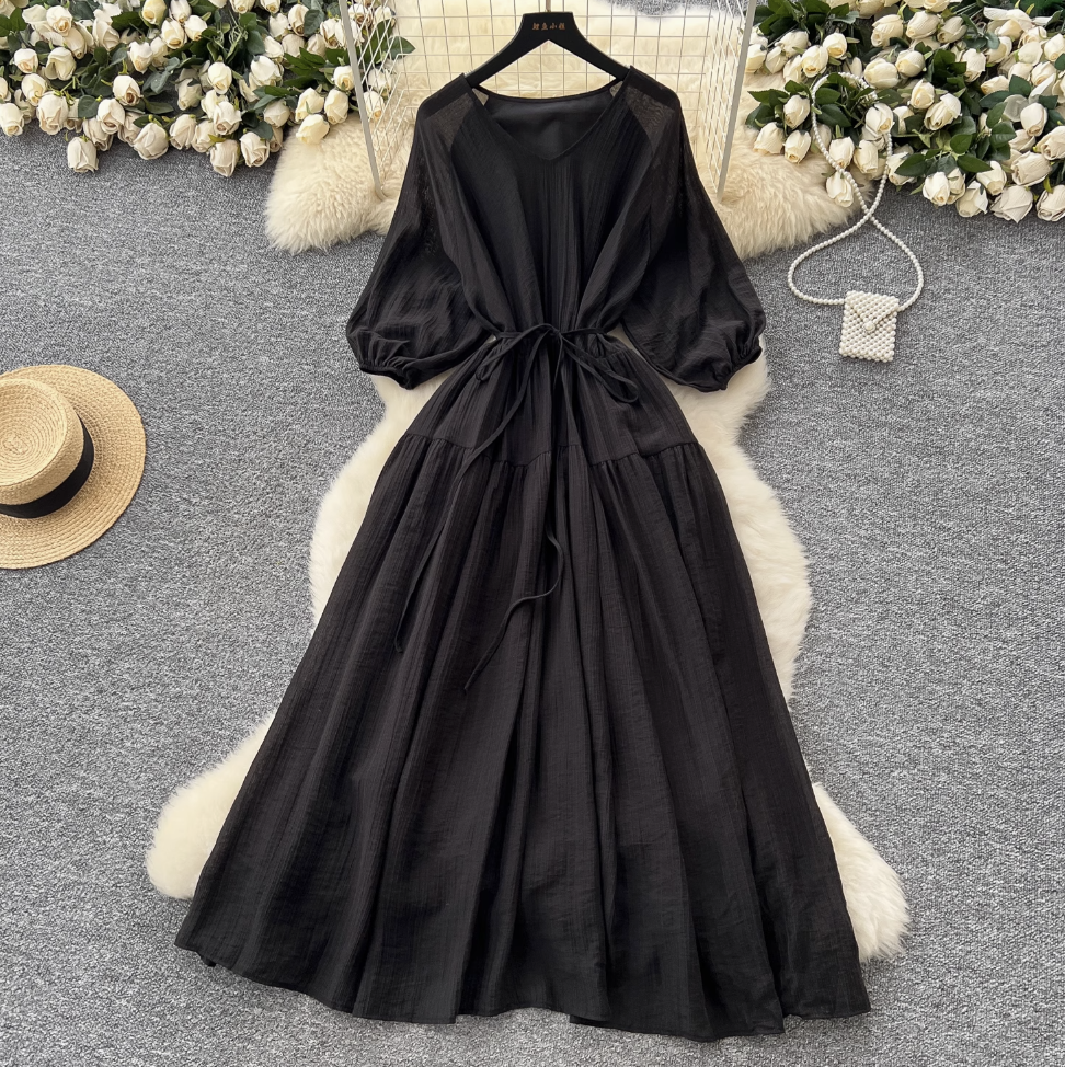 Vintage Lace-up Flared Sleeve Dress