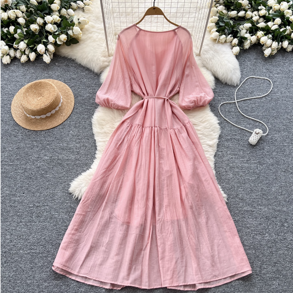 Vintage Lace-up Flared Sleeve Dress
