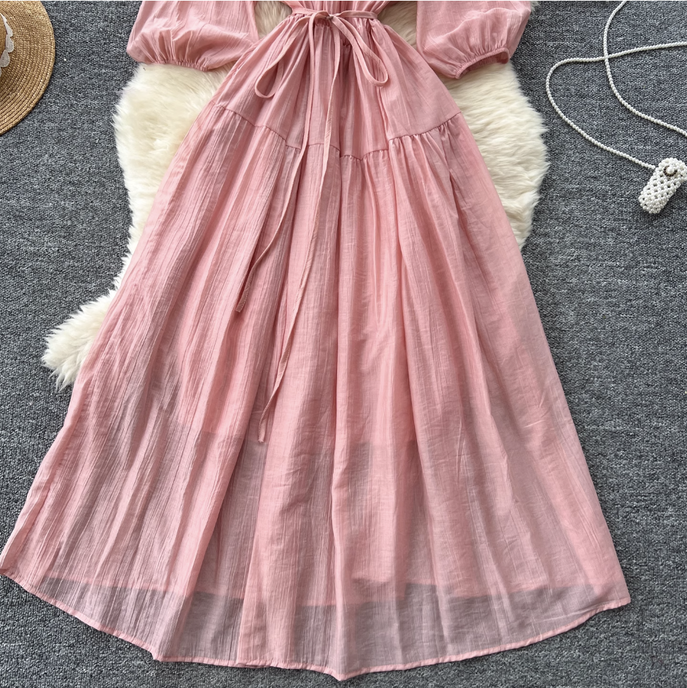 Vintage Lace-up Flared Sleeve Dress