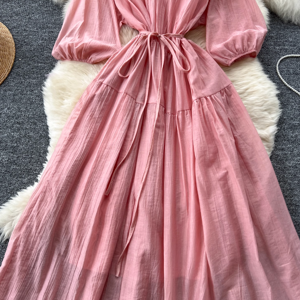 Vintage Lace-up Flared Sleeve Dress