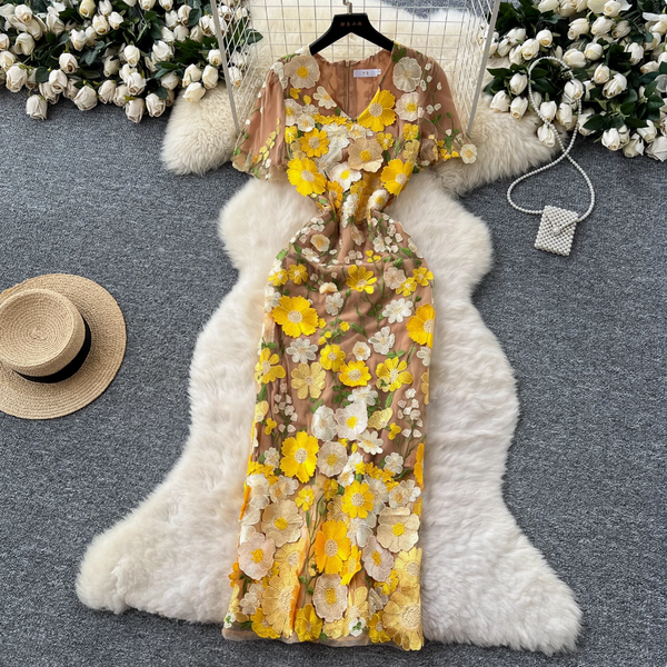 V-neck Flower Embroidered Party Dress