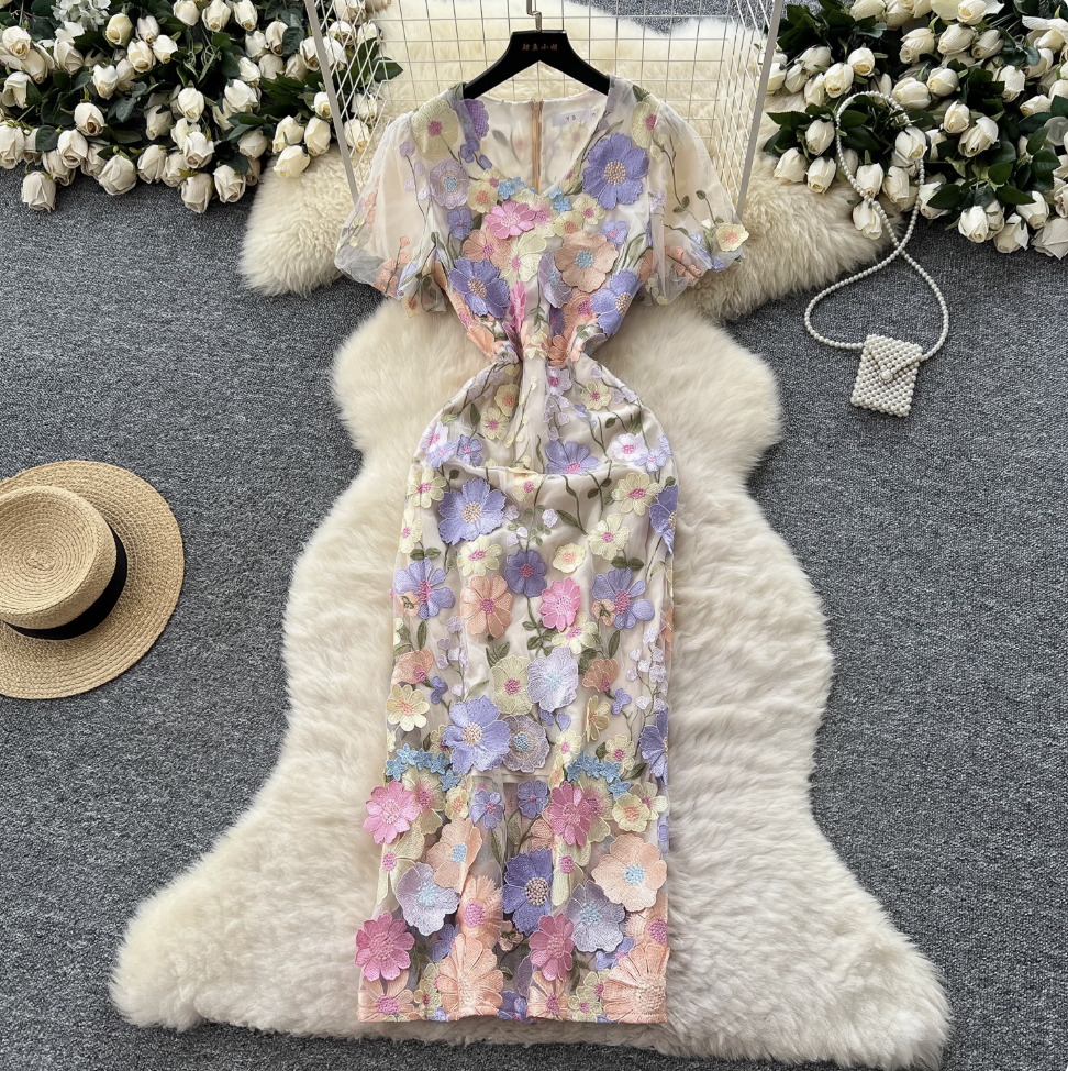 V-neck Flower Embroidered Party Dress