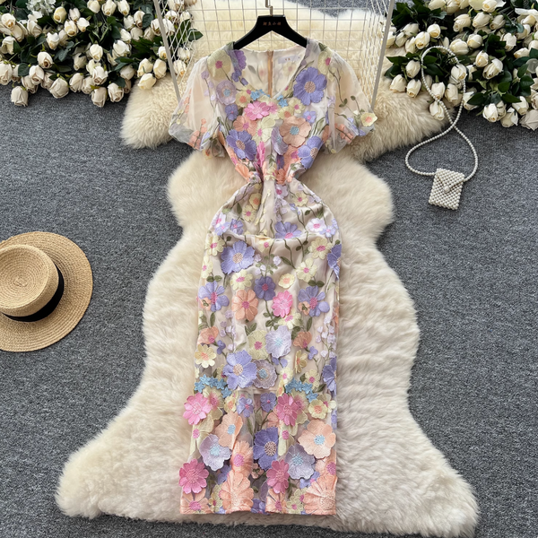 V-neck Flower Embroidered Party Dress