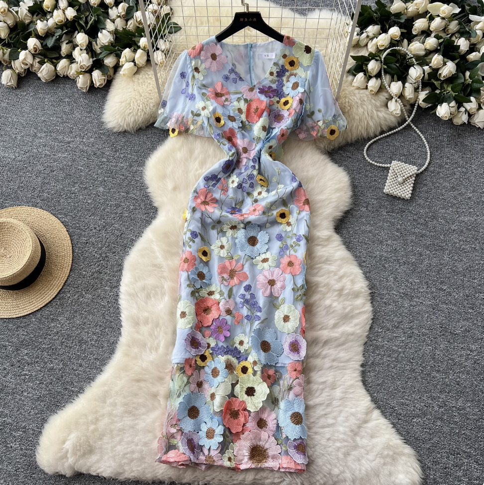 V-neck Flower Embroidered Party Dress
