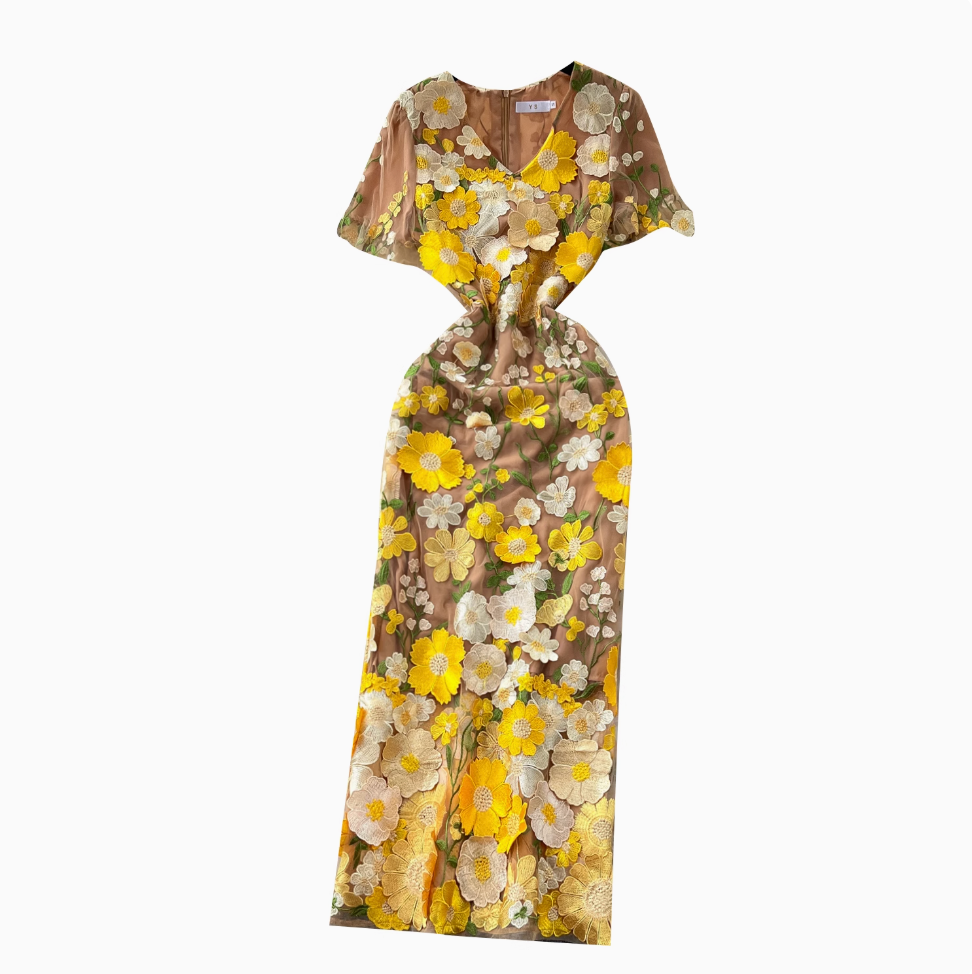 V-neck Flower Embroidered Party Dress