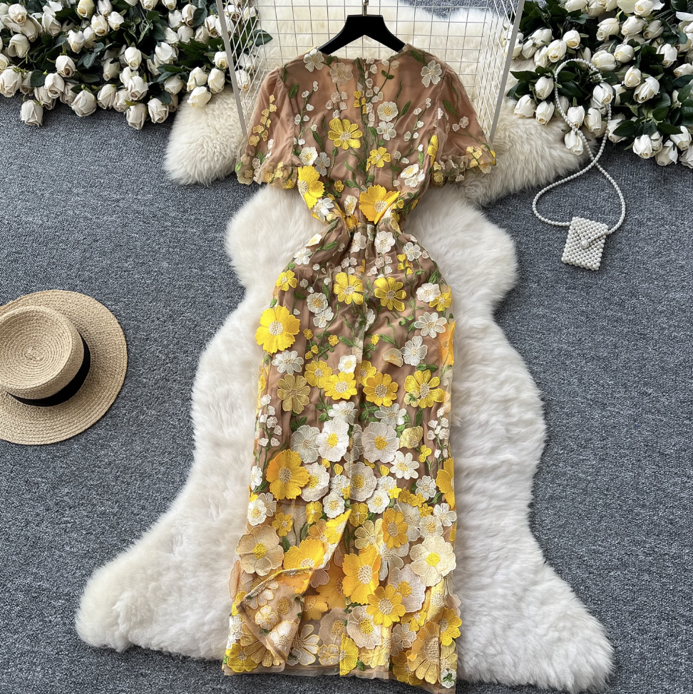 V-neck Flower Embroidered Party Dress